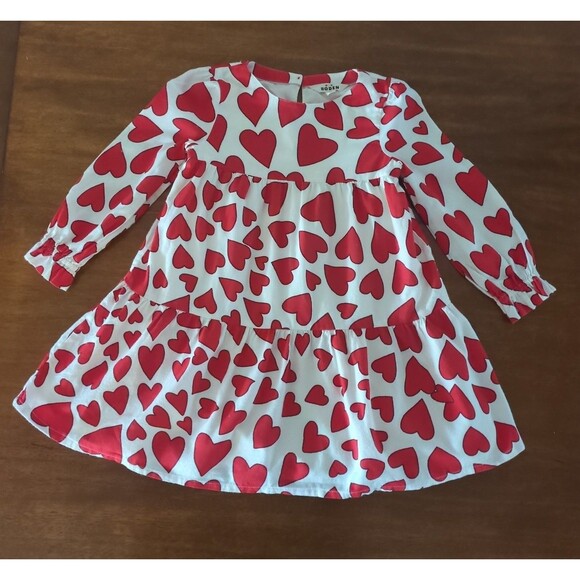 Mini Boden Girls Betsy Tiered Twirly Dress Poppy Red Hearts size 6/7 GUC